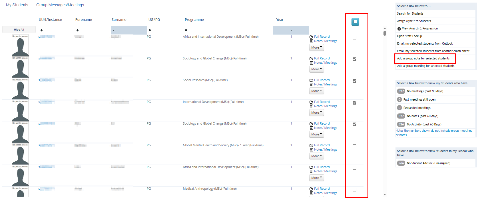 Student list within student adviser tool showing radio buttons to select students from the list and Add a group note button. 