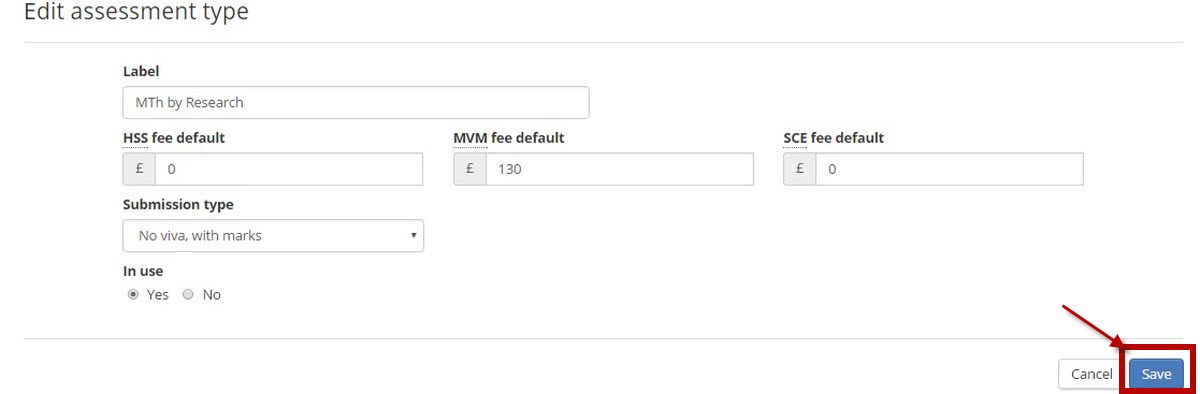 Image of assessment type save button