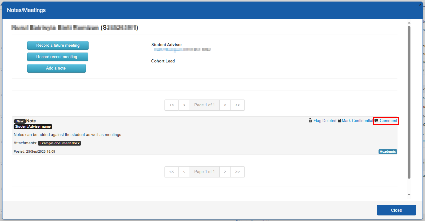 Screenshot of notes/meeting screen showing the note that has been added to student record, highlighting comment button. 