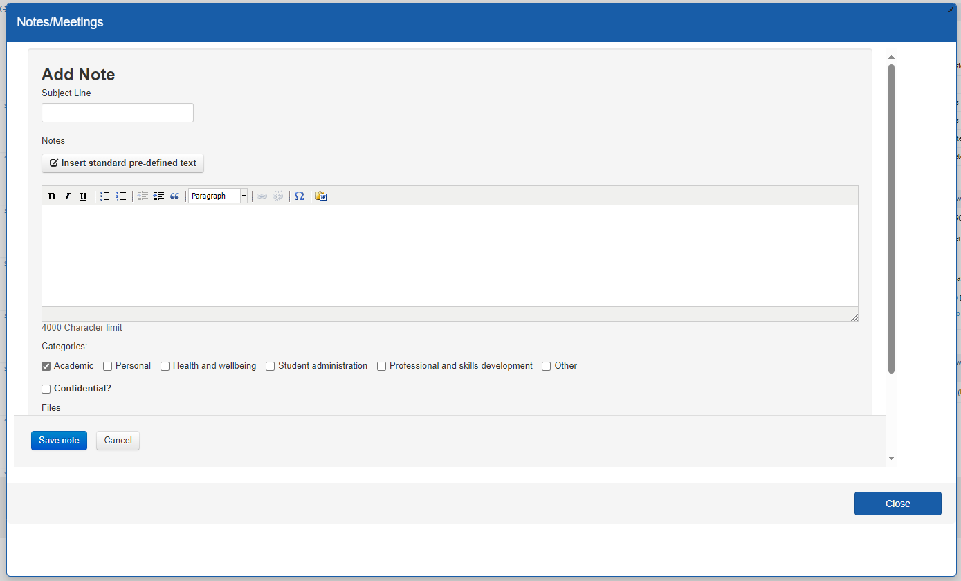 Screenshot of add note screen showing subject line, text box, categories, confidential button, save note and close option. 