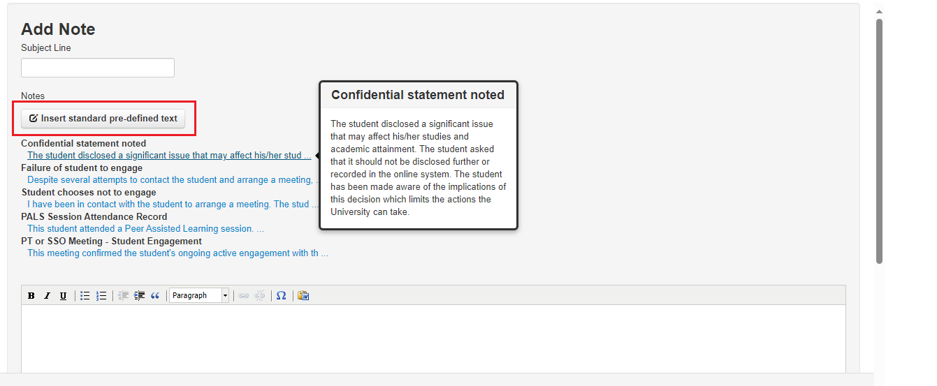 Screenshot of add note screen highlighting Insert standard pre-defined text button and showing example text. 