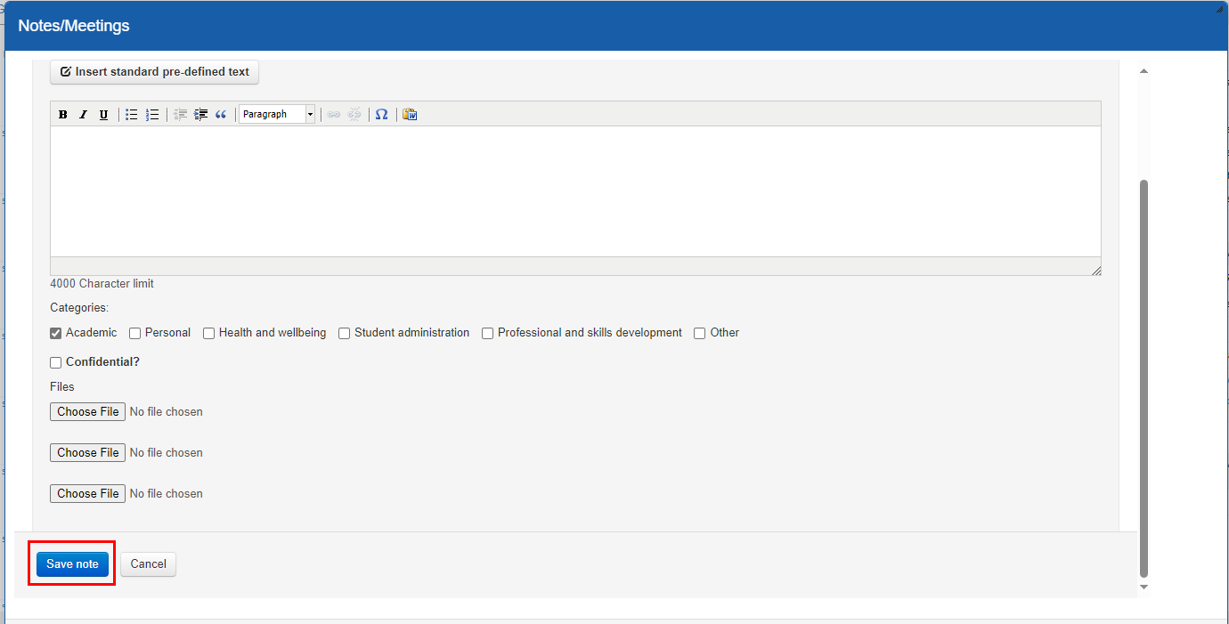 Screenshot of add note screen showing text box, categories, file upload buttons and highlighting Save note button. 