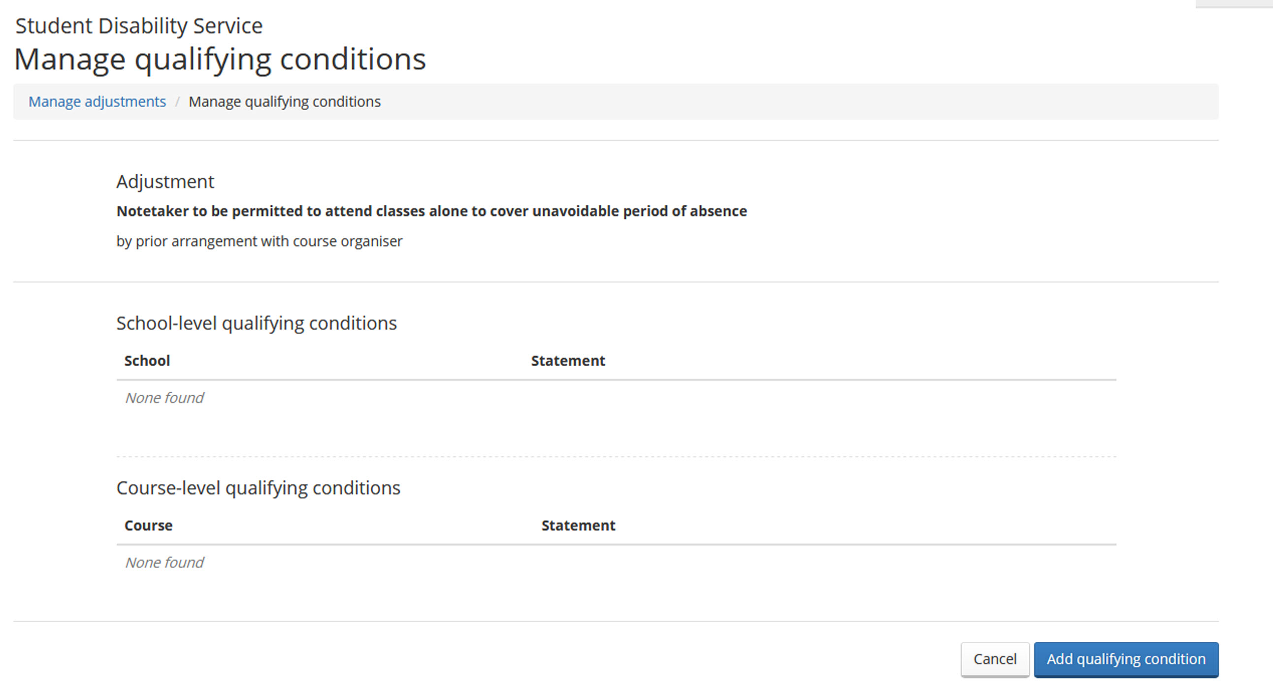 Adjustment manage qualifying conditions