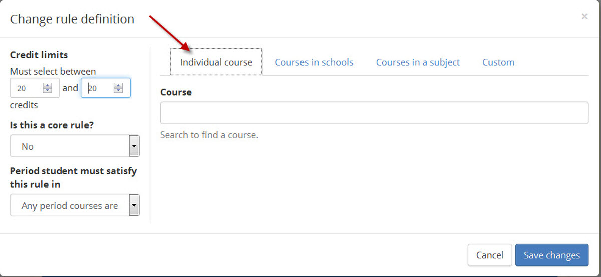 Image of amend dpt new rule individual course search field