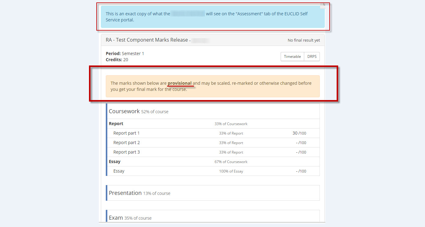 Student view provisional marks annotated