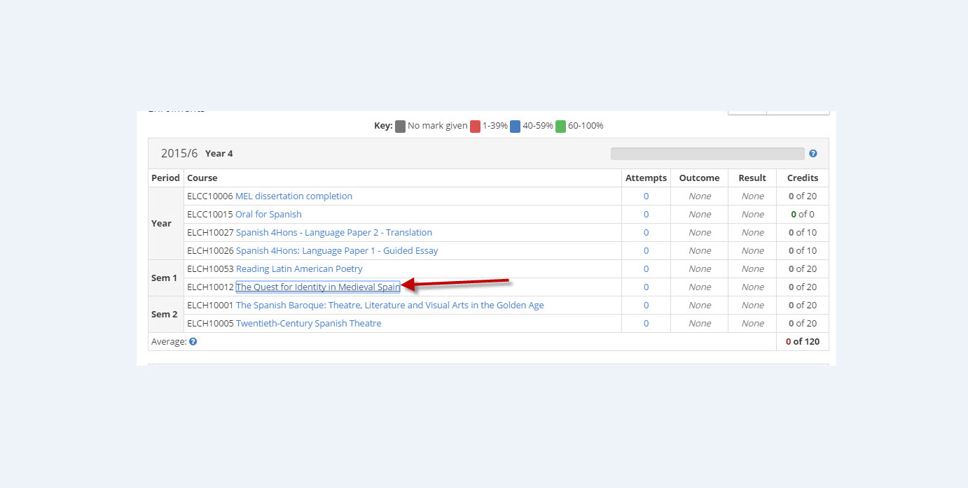 Student hub assessment view course selection