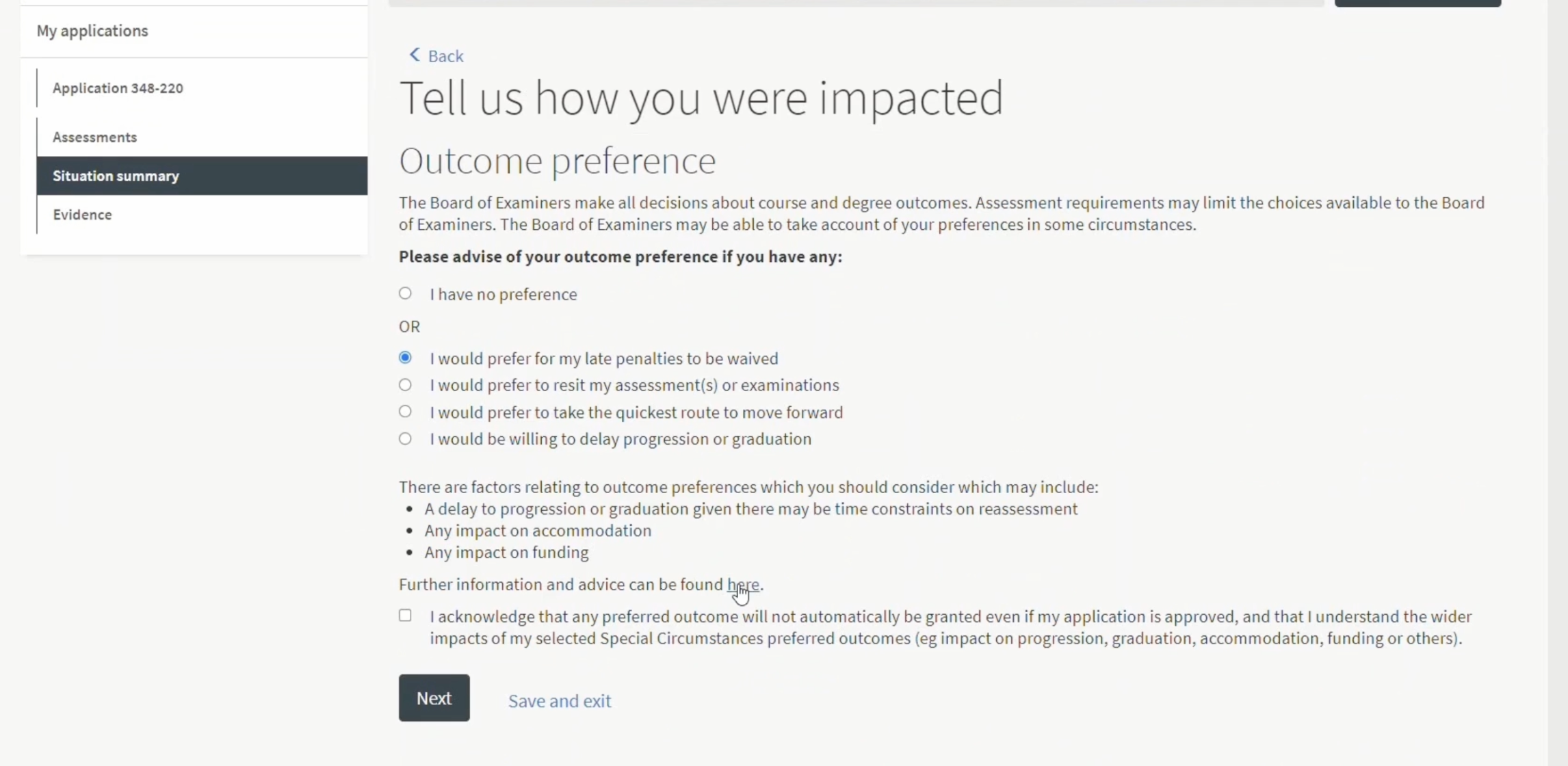 Assessment support outcome statement