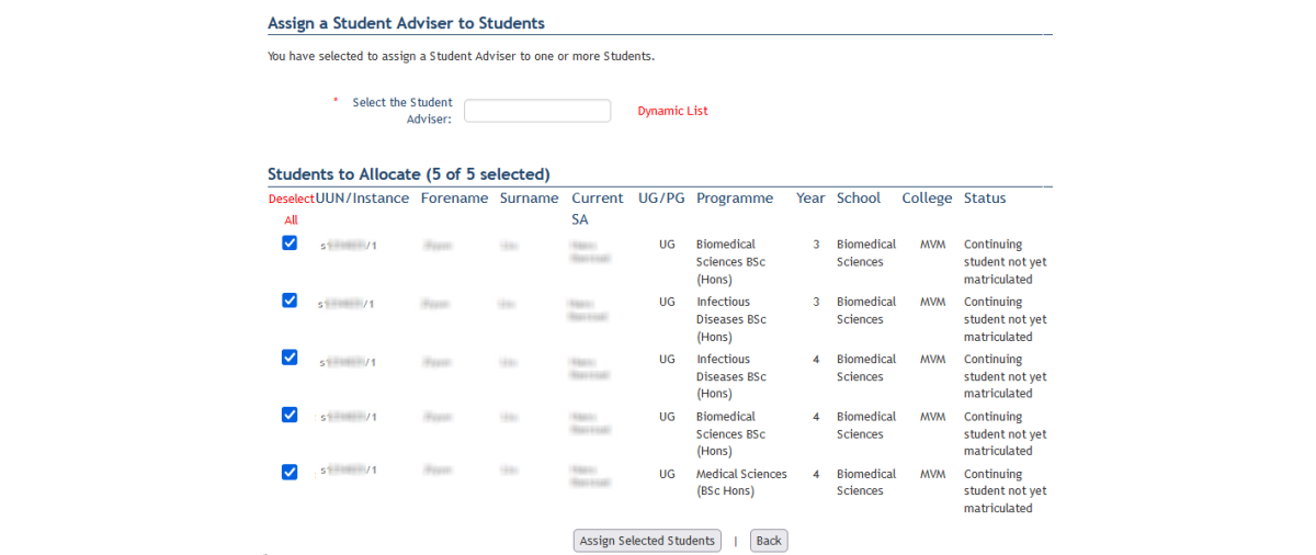 Screenshot of selecting a Student Adviser and assigning the selected students.