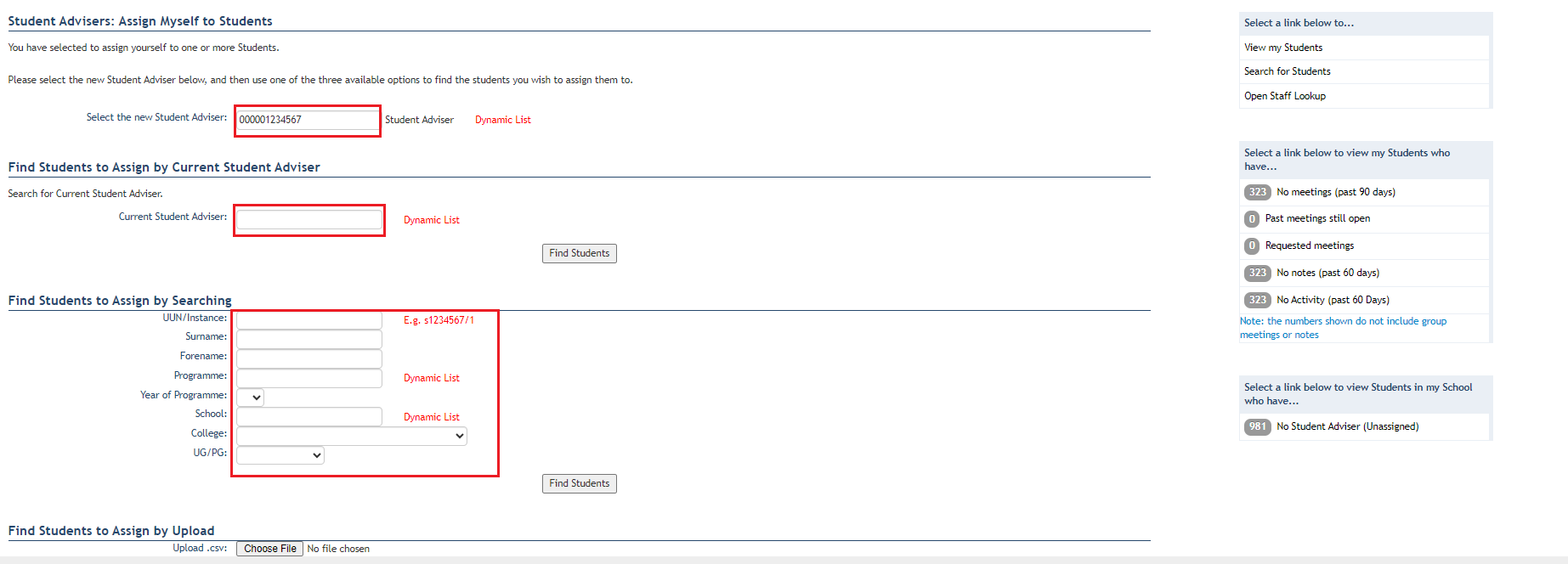 Assign myself to students screen highlighting new student adviser field, and current student adviser and student searches. 