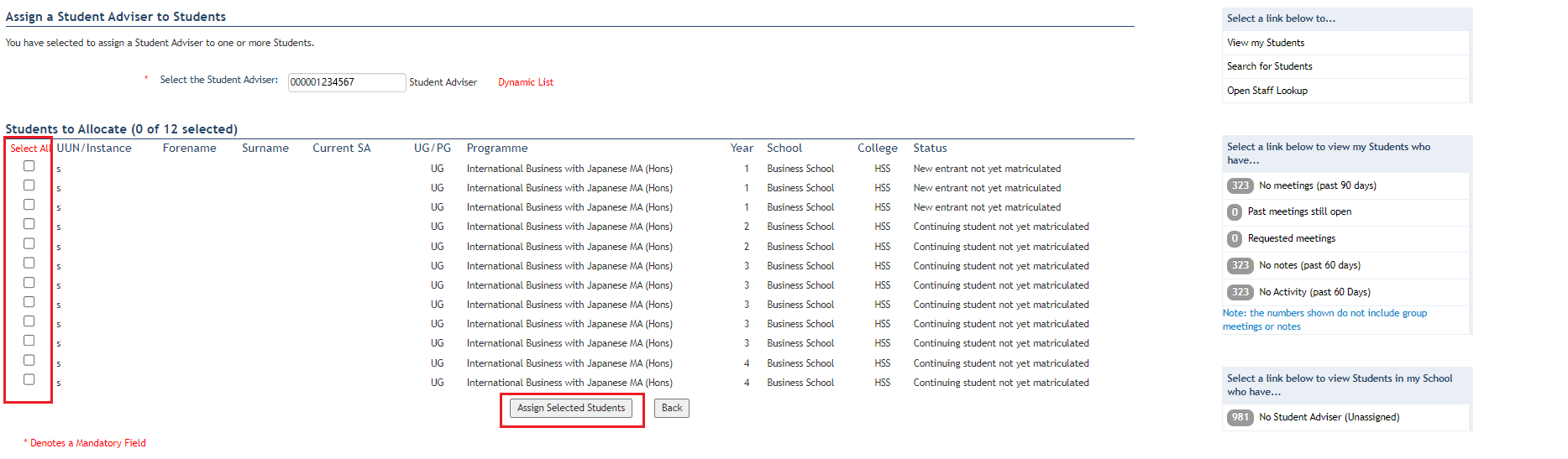 Search results from Assign myself to students search highlighting student selection and Assign selected students buttons. 