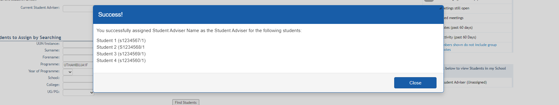 Screenshot showing successful reassignment of students to a student adviser.