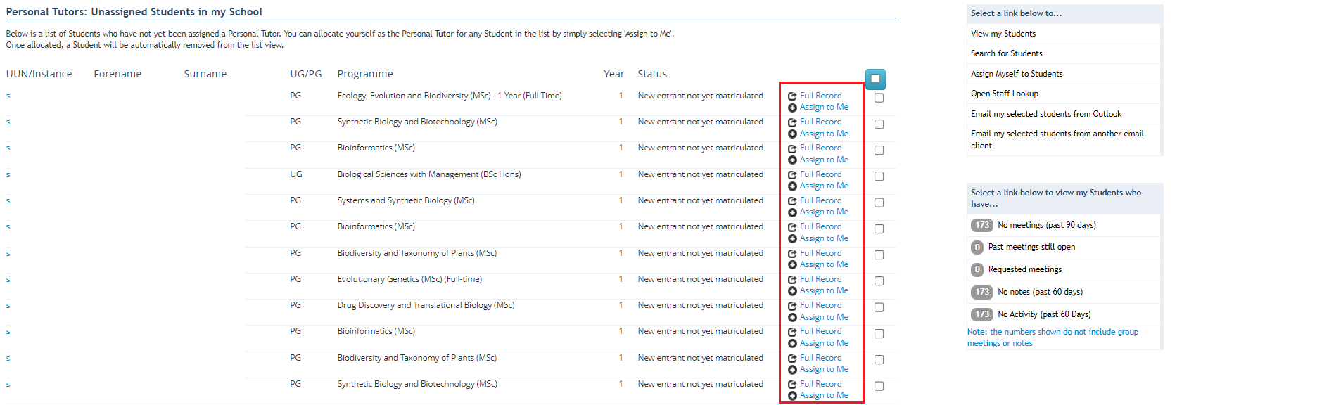 List of unassigned students in the student adviser's school highlighting the Full record and Assign to me button. 