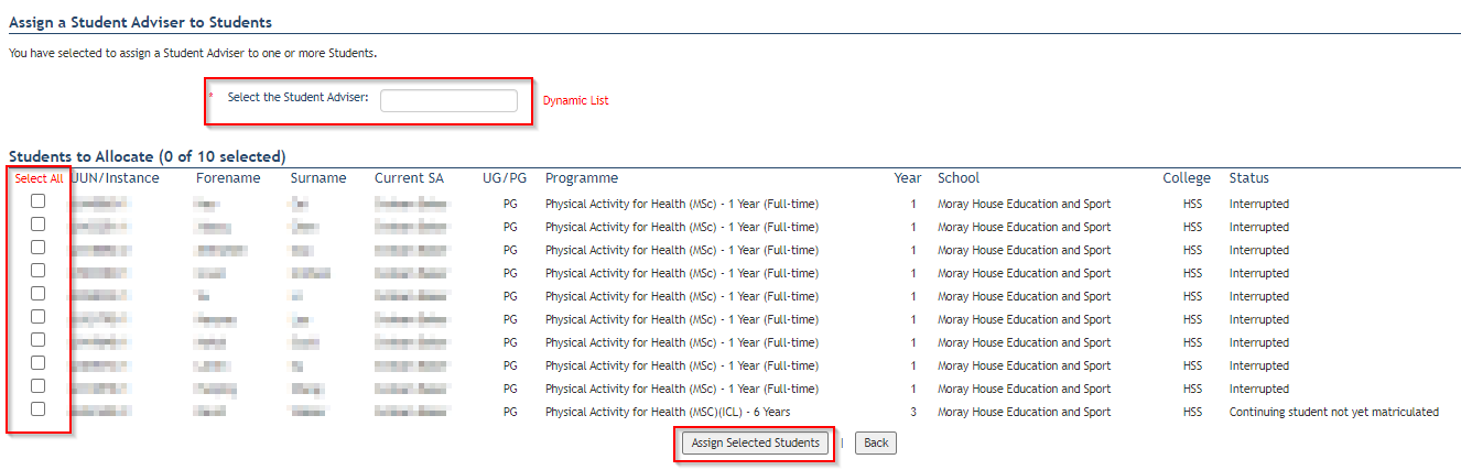 Assign a Student Adviser screen showing the Select the Student Adviser button, buttons to select students and assign button. 