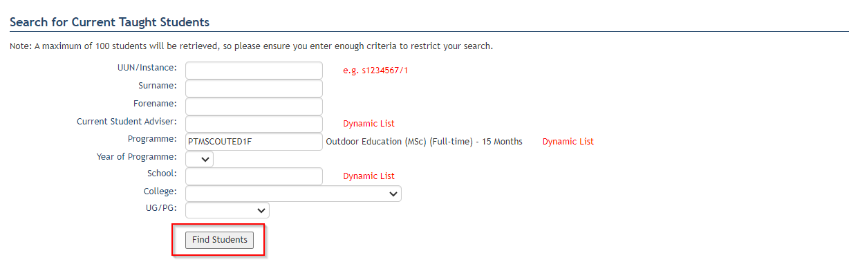 Screenshot of Search for Students screen showing student search fields and the Find Students button. 