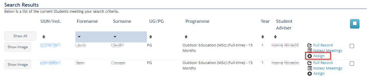 Screenshot of Student Search results highlighting Assign button. 