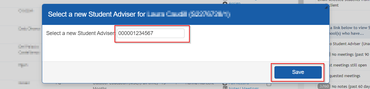 Screenshot of Select a new Student Adviser highlighting Student Adviser search field and Save button. 