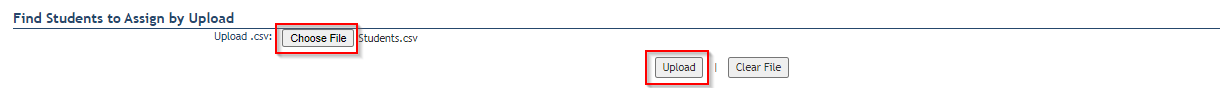 Screenshot of Assign a Student Adviser to a Student screen highlighting Choose File and Find Students buttons. 
