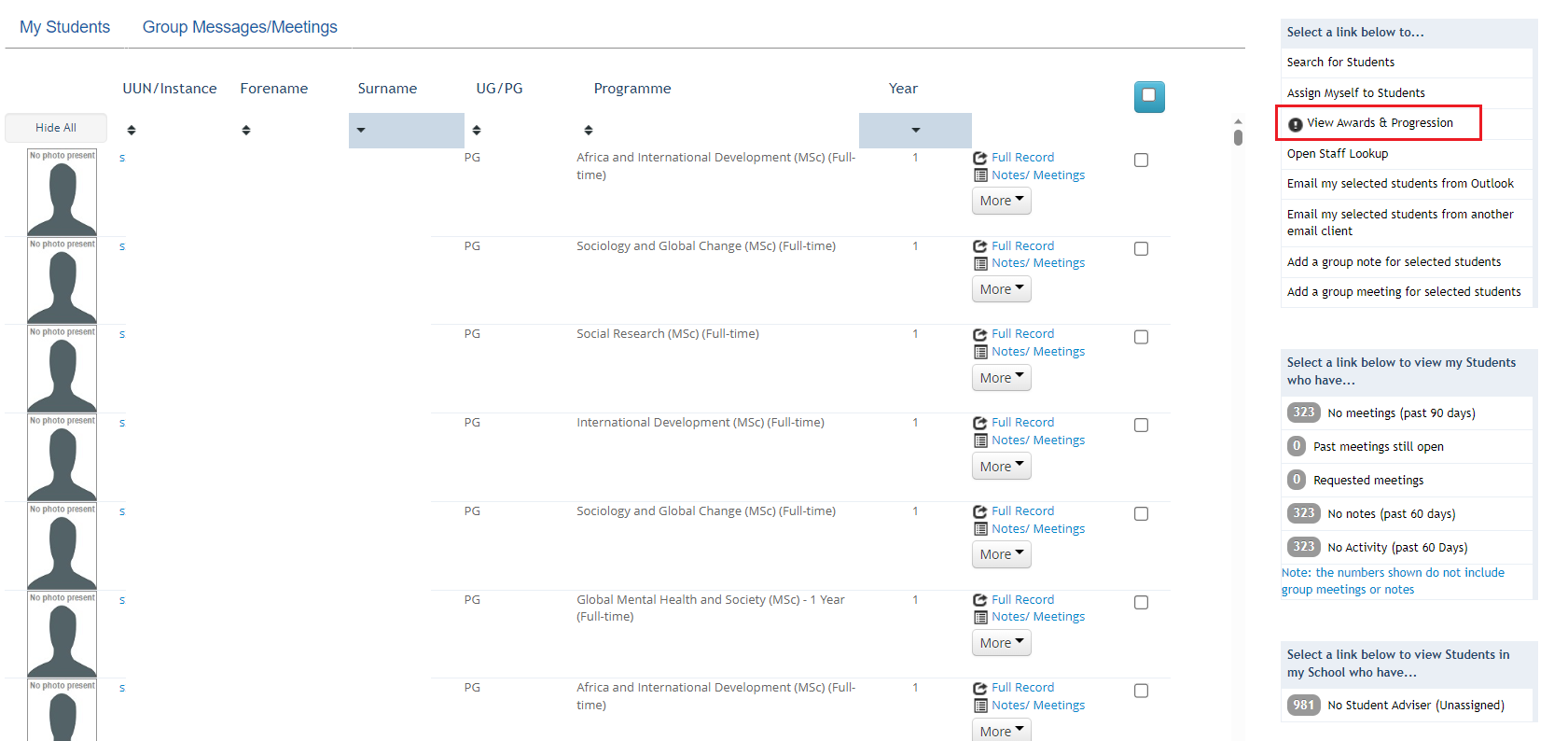 Screenshot of student list within Student Adviser tool highlighting 'View awards & progression button'. 