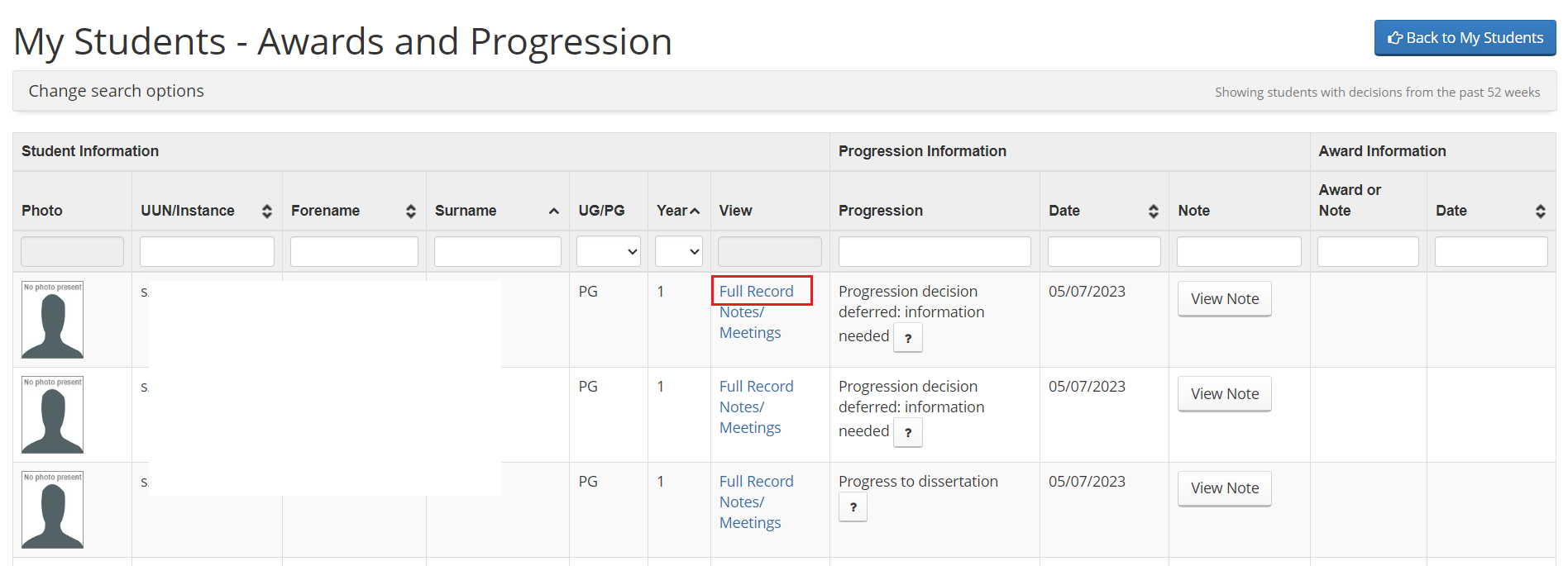 Screenshot of student list within Student Adviser tool highlighting 'View awards & progression button'. 