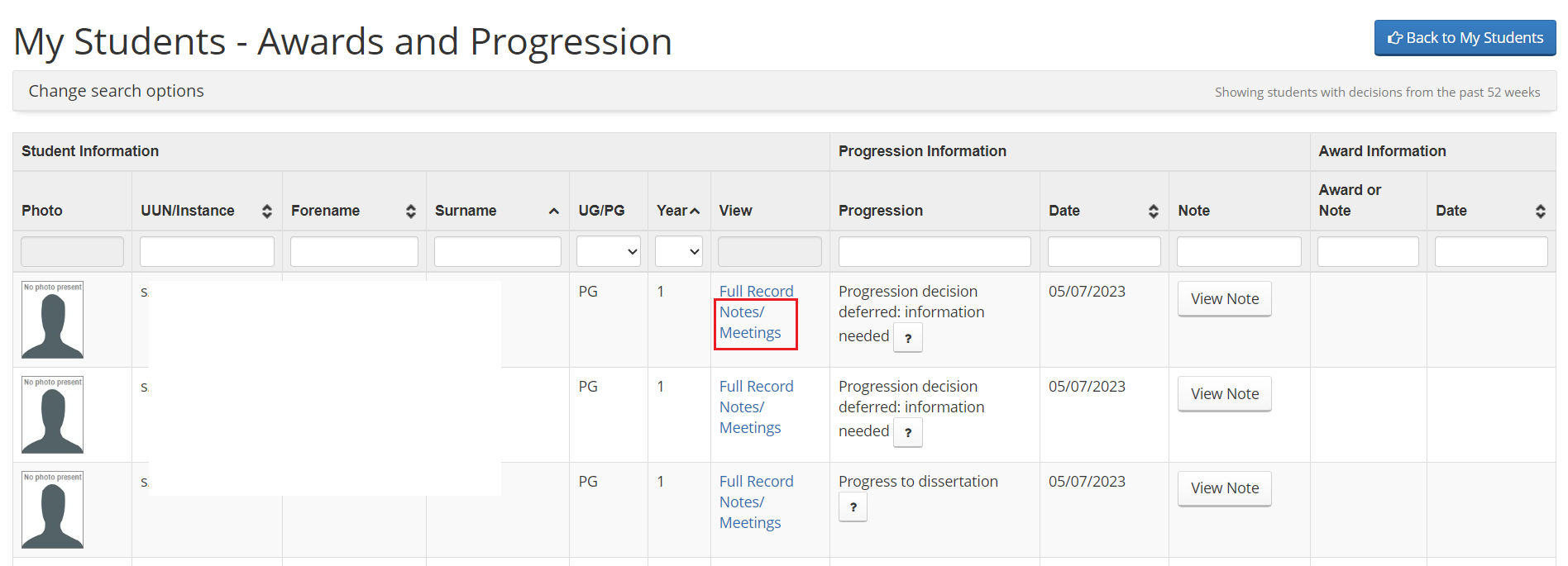 Screenshot of student list within Student Adviser tool highlighting 'View awards & progression button'. 