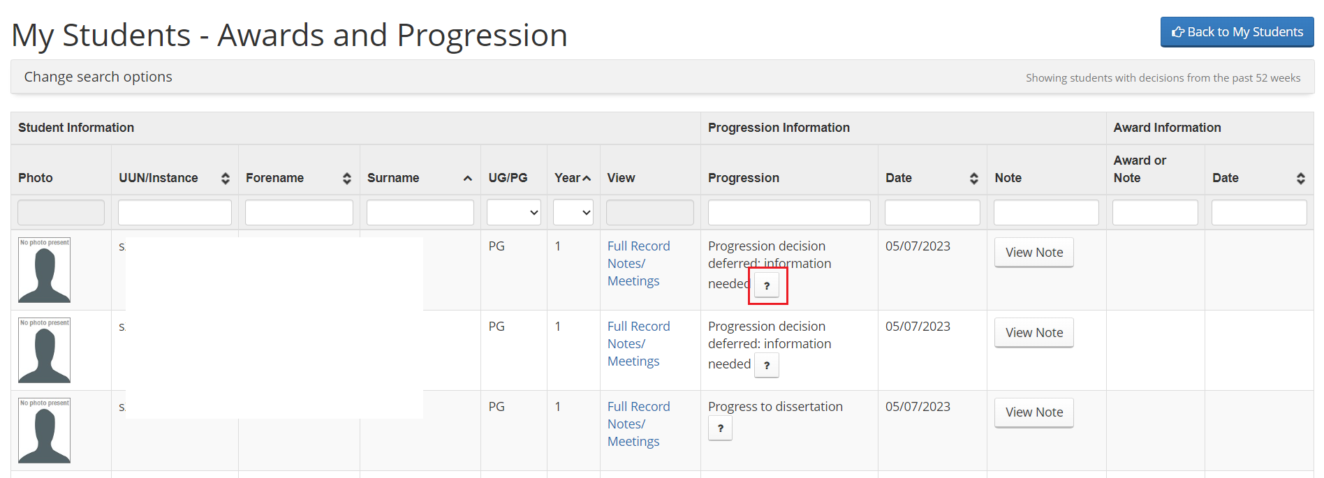 Screenshot of student list within Student Adviser tool highlighting 'View awards & progression button'. 