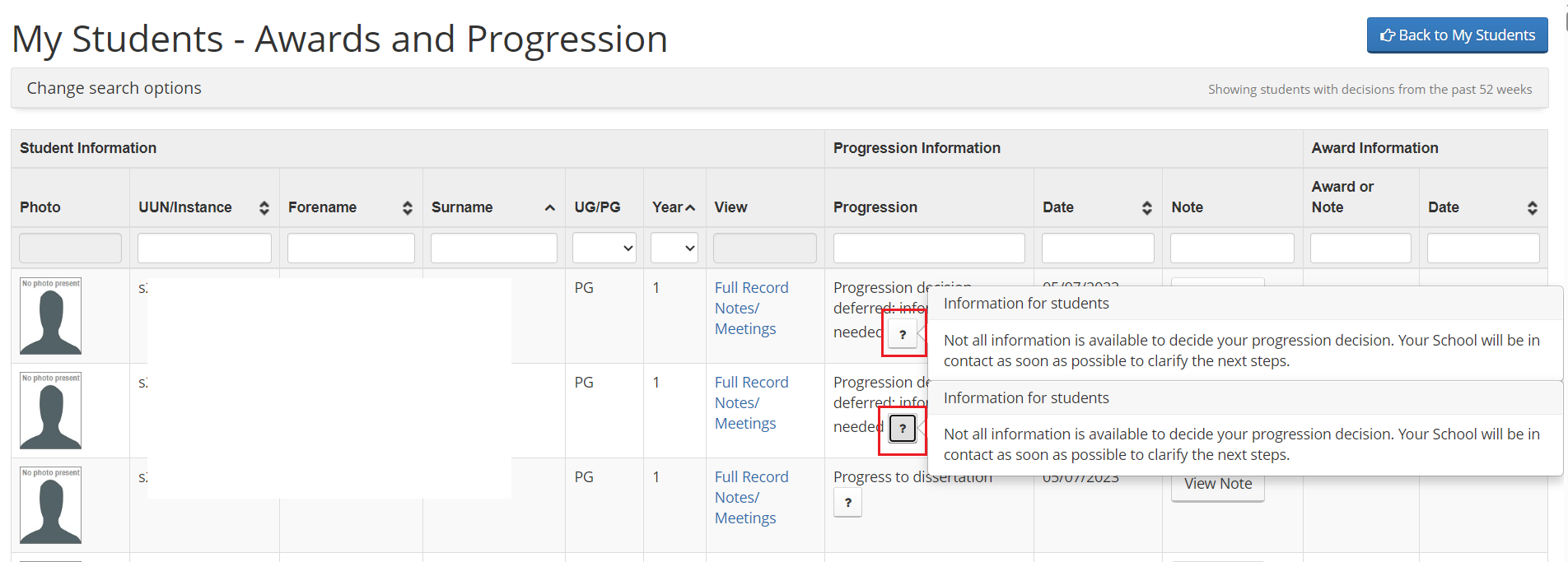 Screenshot of student list within Student Adviser tool highlighting 'View awards & progression button'. 