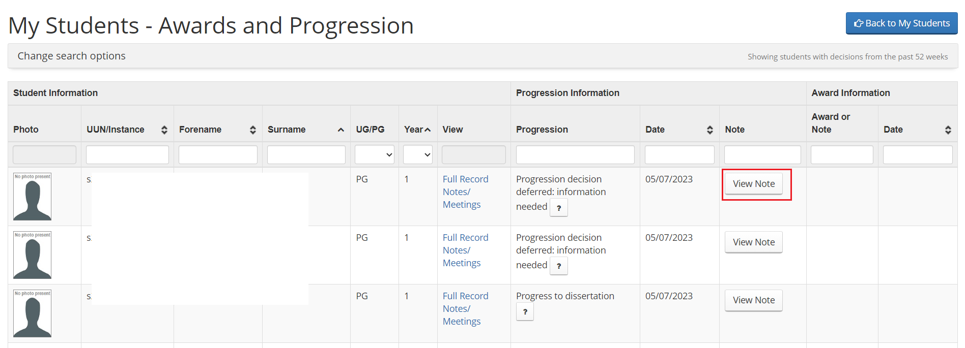 Screenshot of student list within Student Adviser tool highlighting 'View awards & progression button'. 