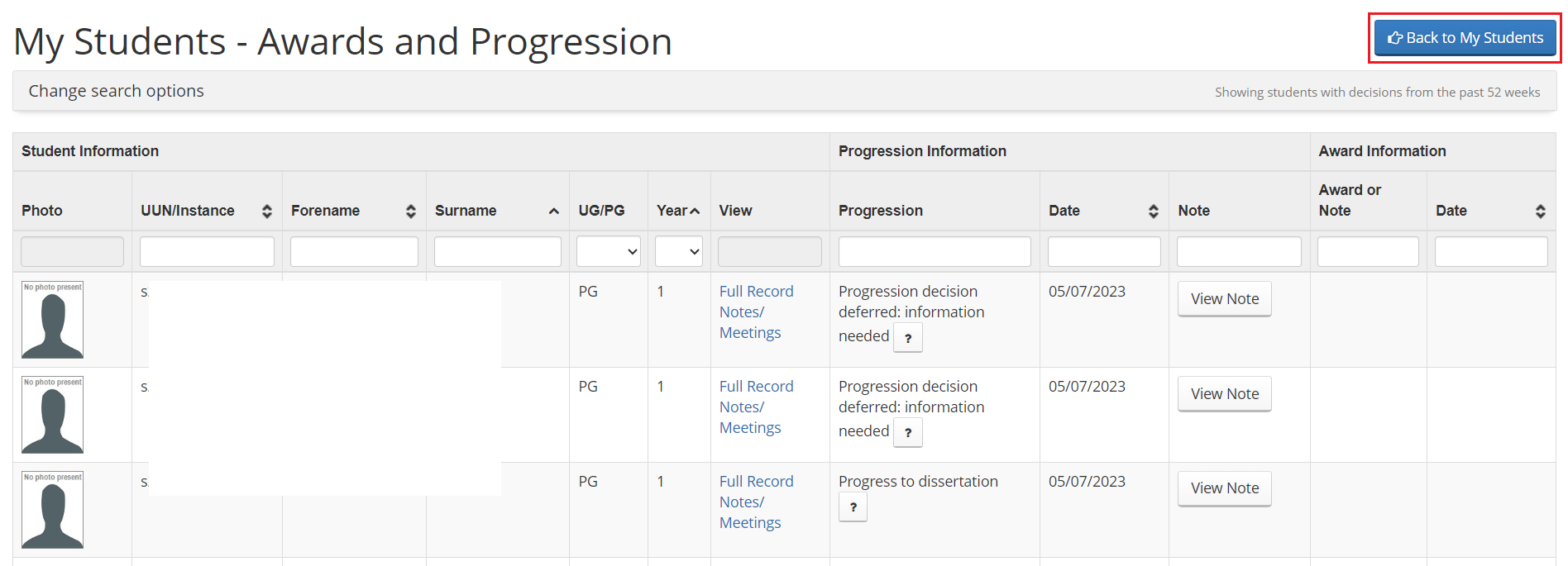 Screenshot of student list within Student Adviser tool highlighting 'View awards & progression button'. 