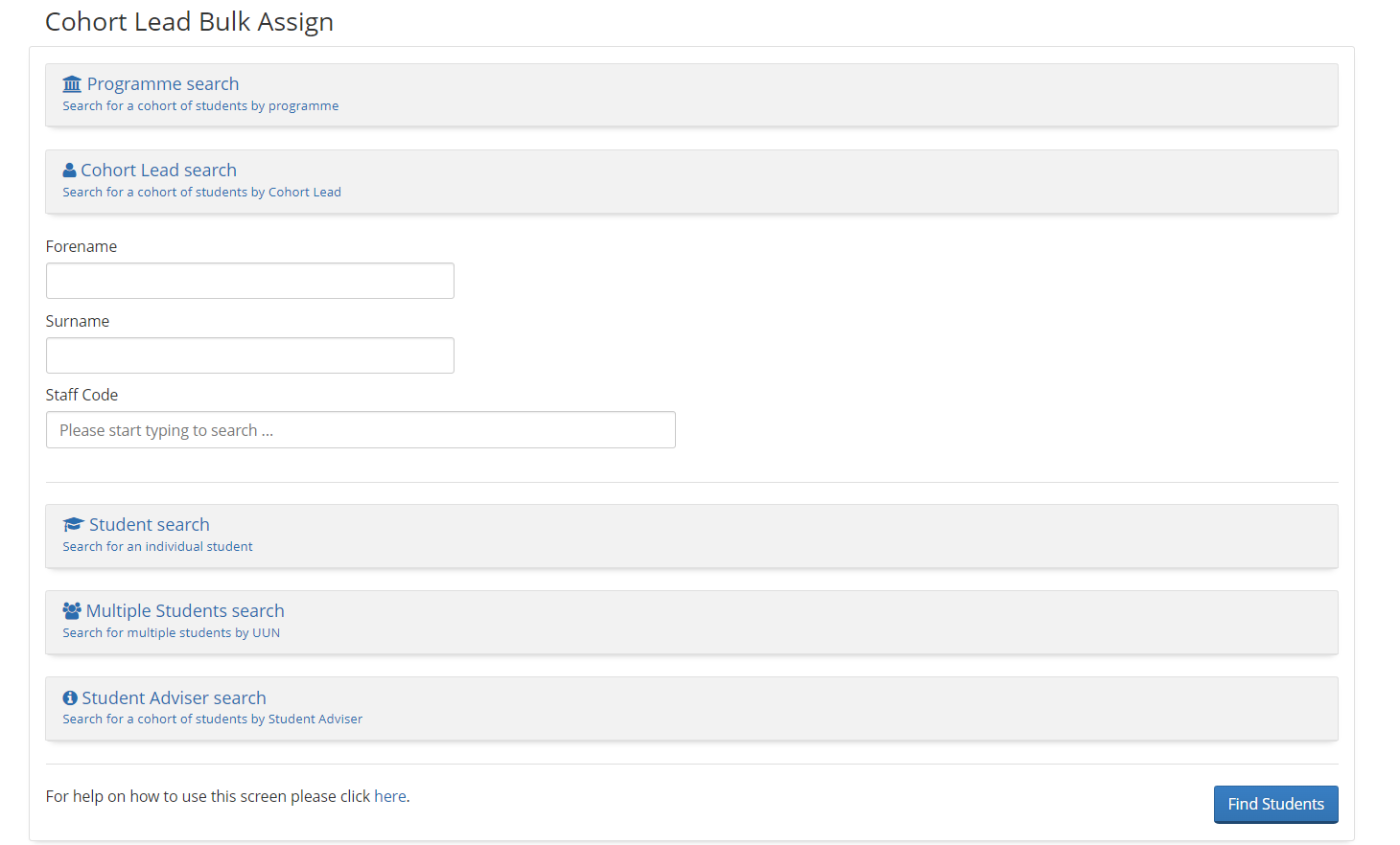 Screenshot showing how to search for students by cohort lead.