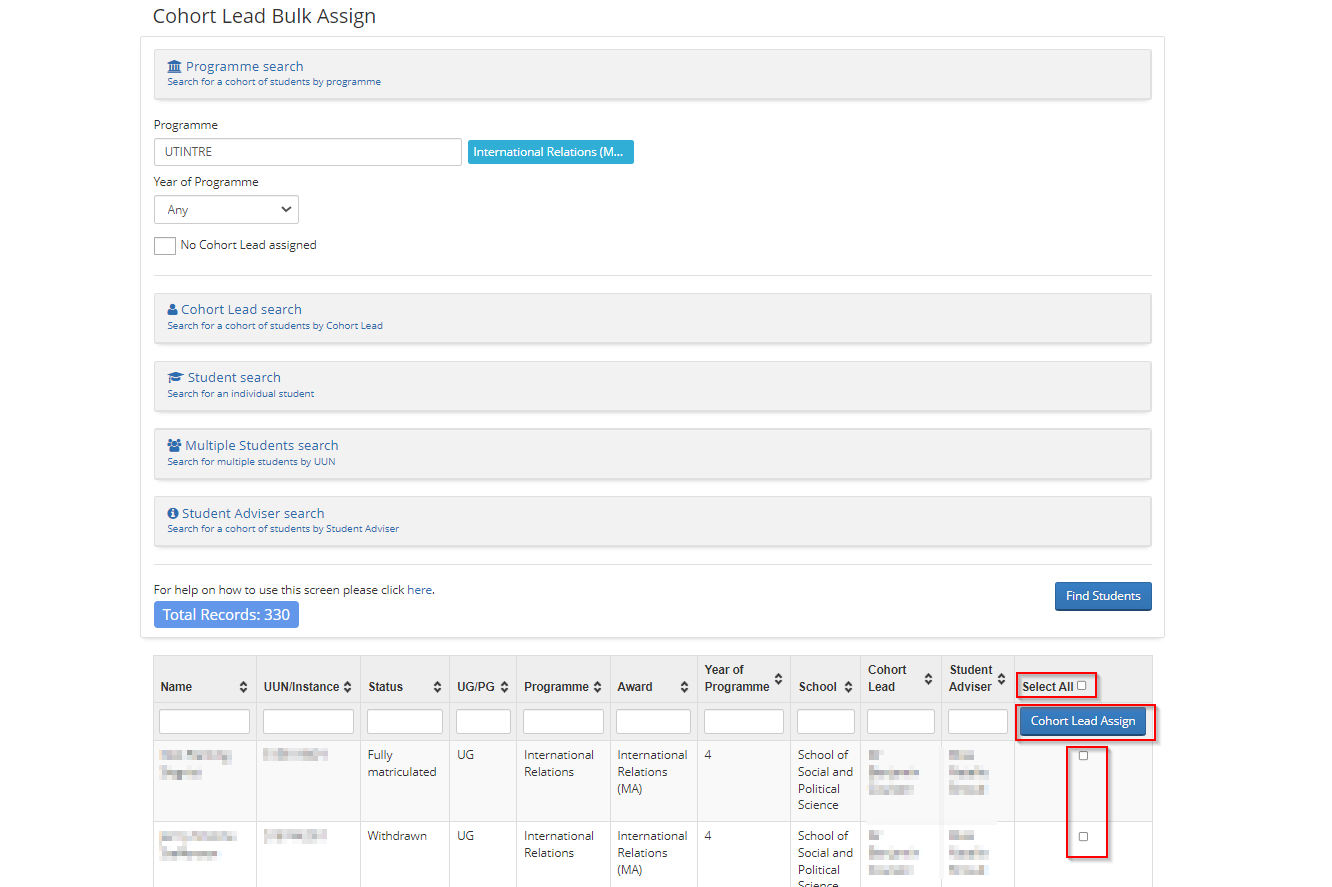 Screenshot showing how to select students and the button to assign them to Cohort Lead.