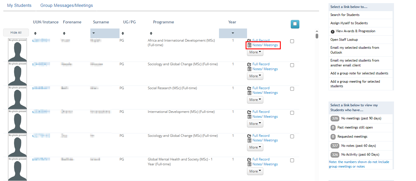 Screenshot of Student Adviser tool showing a list of students and highlighting the Notes/Meetings button. 