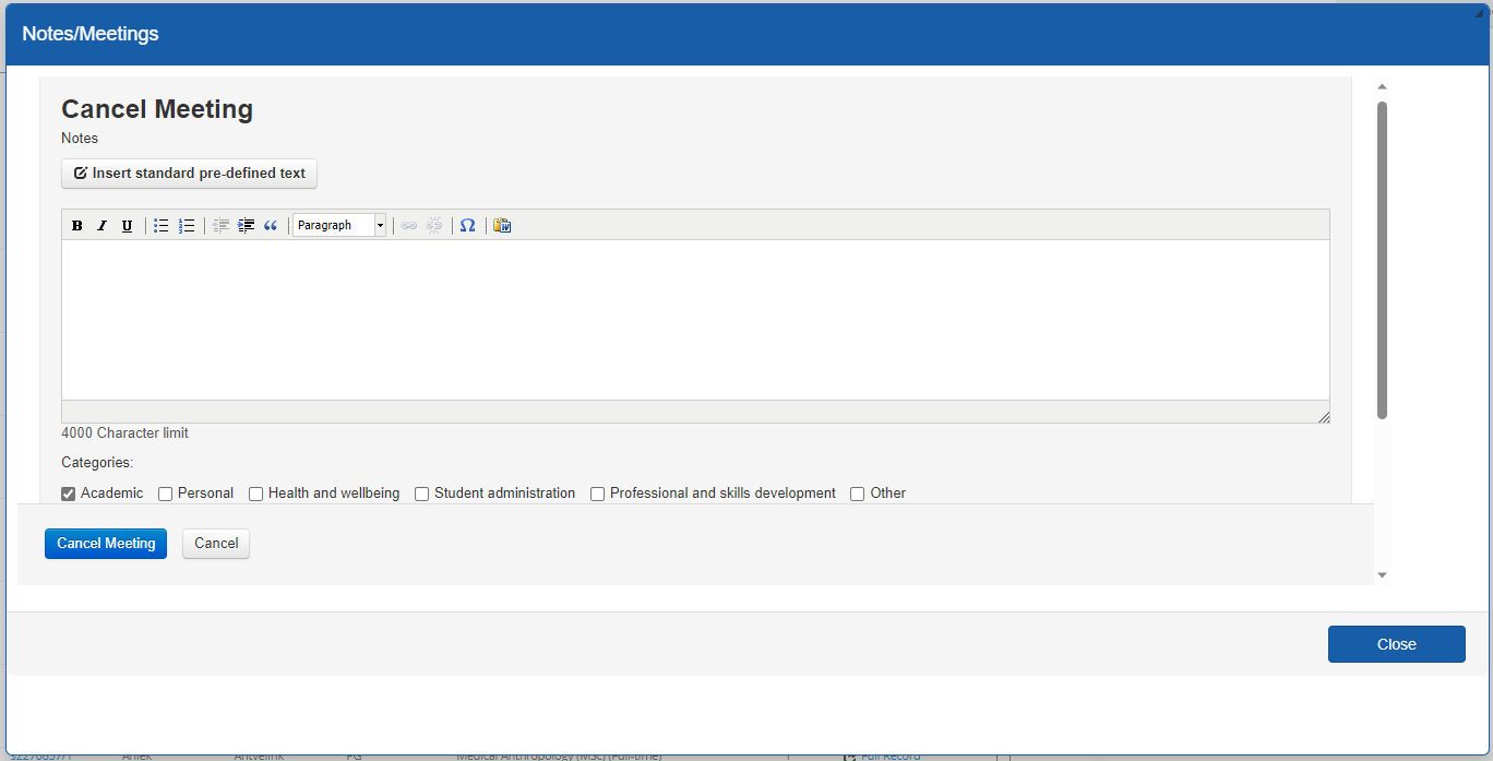 Screenshot of cancel meeting window showing the notes sections and the categories. 