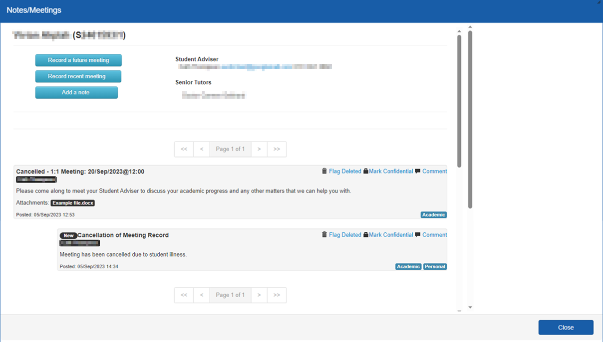 Screenshot of notes/meetings screen for an individual student showing cancelled meeting. 