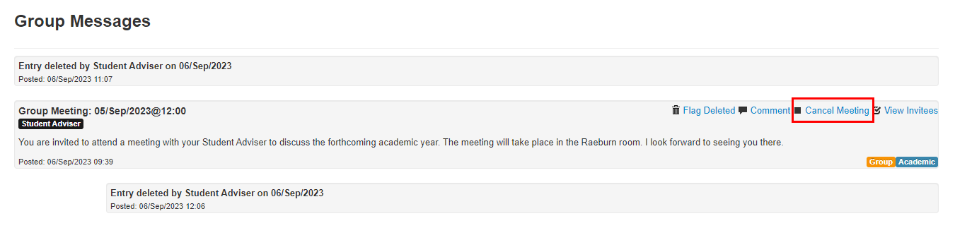 Screenshot of Group Messages/Meetings tab showing a group meeting and highlighting Cancel meeting button. 
