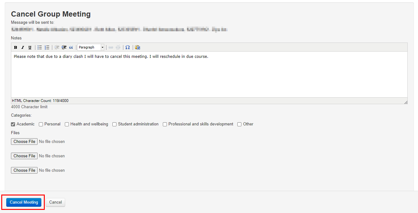 Cancel group meeting window showing students message will be sent to, notes field, categories, attachments and cancel button.