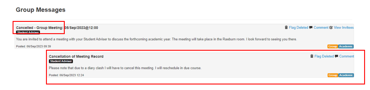 Screenshot of Group messages/meetings screen showing that the meeting has been cancelled and cancellation message. 