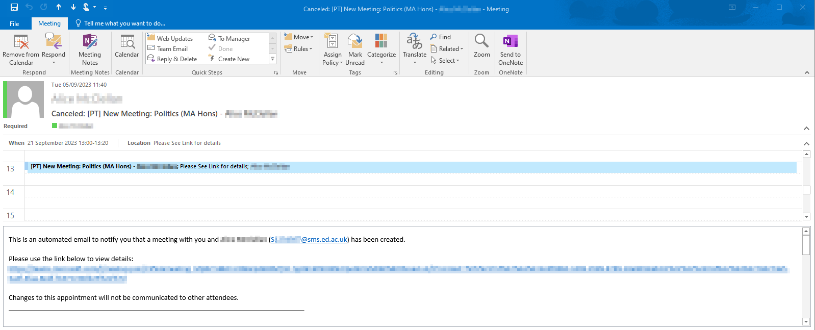 Screenshot of Outlook showing cancelled 1:1 meeting. 