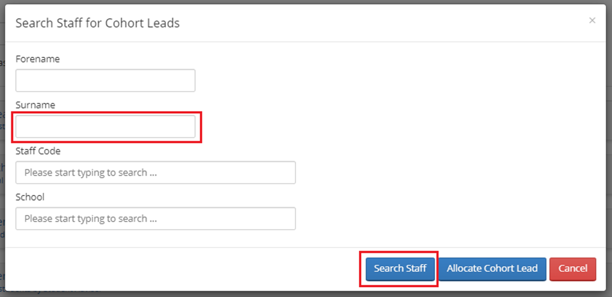 Screenshot showing search function to find cohort leads, highlighting the Surname field and the search button.