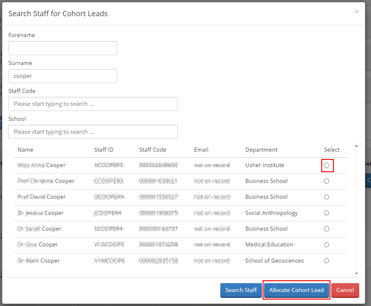 Screenshot showing how to select a student and the button to assign them to the cohort lead.