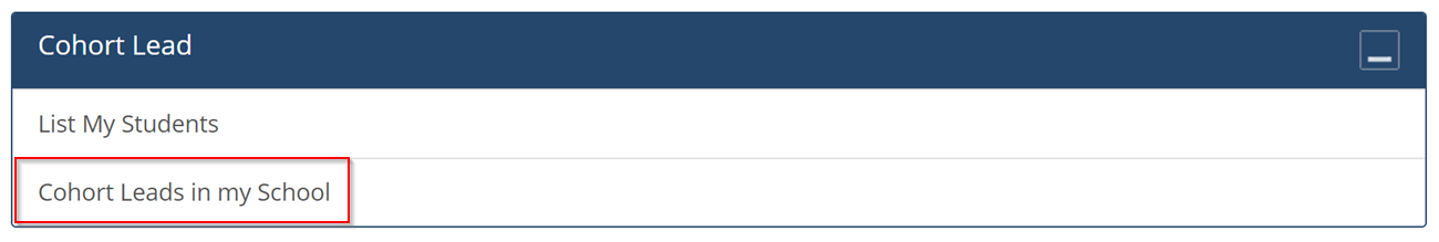 Screenshot of Cohort lead container in the student tab in Euclid with Cohort leads in my school button highlighted.