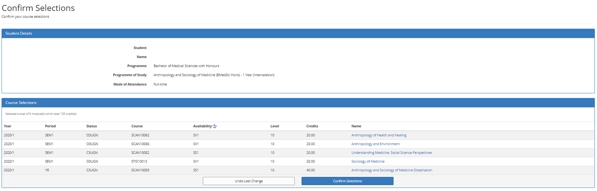 The confirmation screen for courses chosen through DPT Validated Enrolment