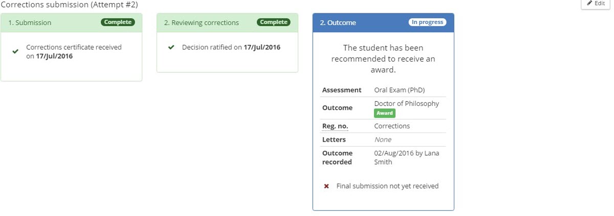 Image of corrections outcome screen