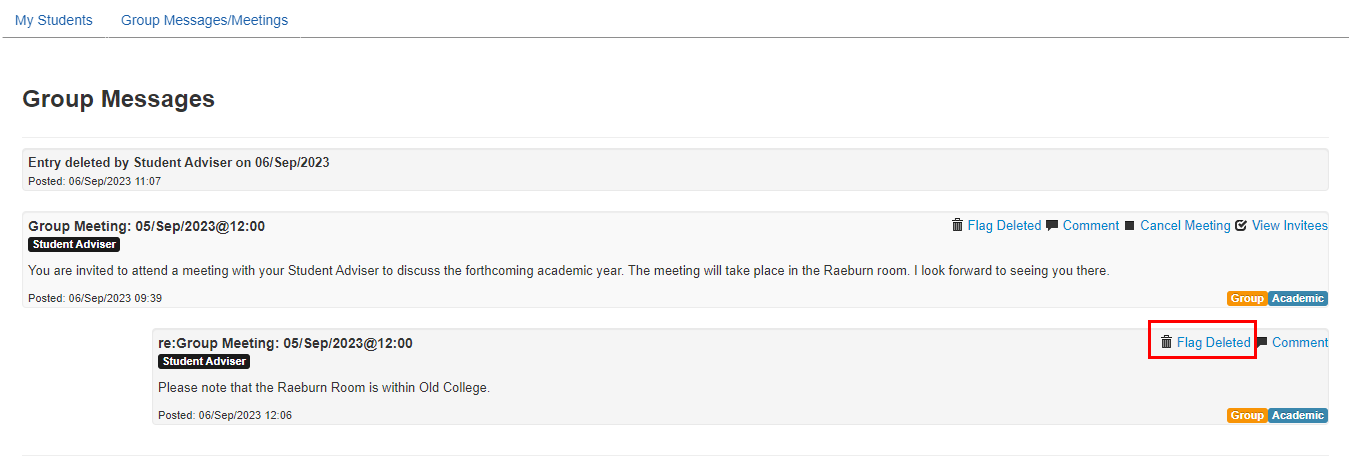 Screenshot of group messages/meetings screen highlighting Flag Deleted button on a comment. 