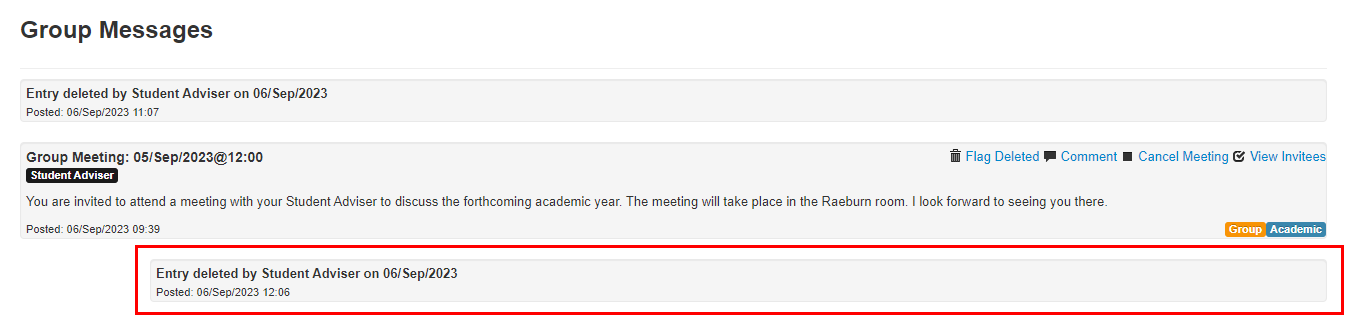 Screenshot of Group message/meetings screen showing that a comment has been deleted. 
