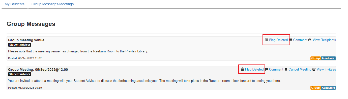 Screenshot of Group messages/meetings screen highlighting the Flag Deleted buttons on the group meeting and group note. 