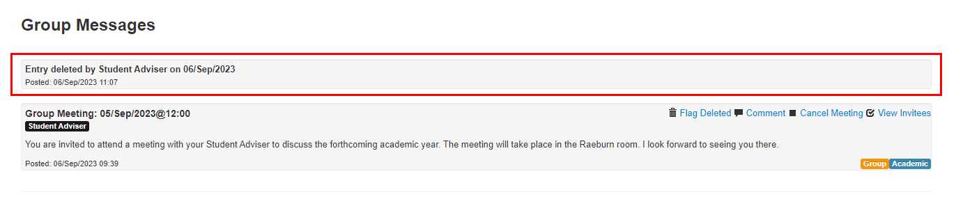 Screenshot of Group messages/meetings screen highlighting the note that has been deleted. 