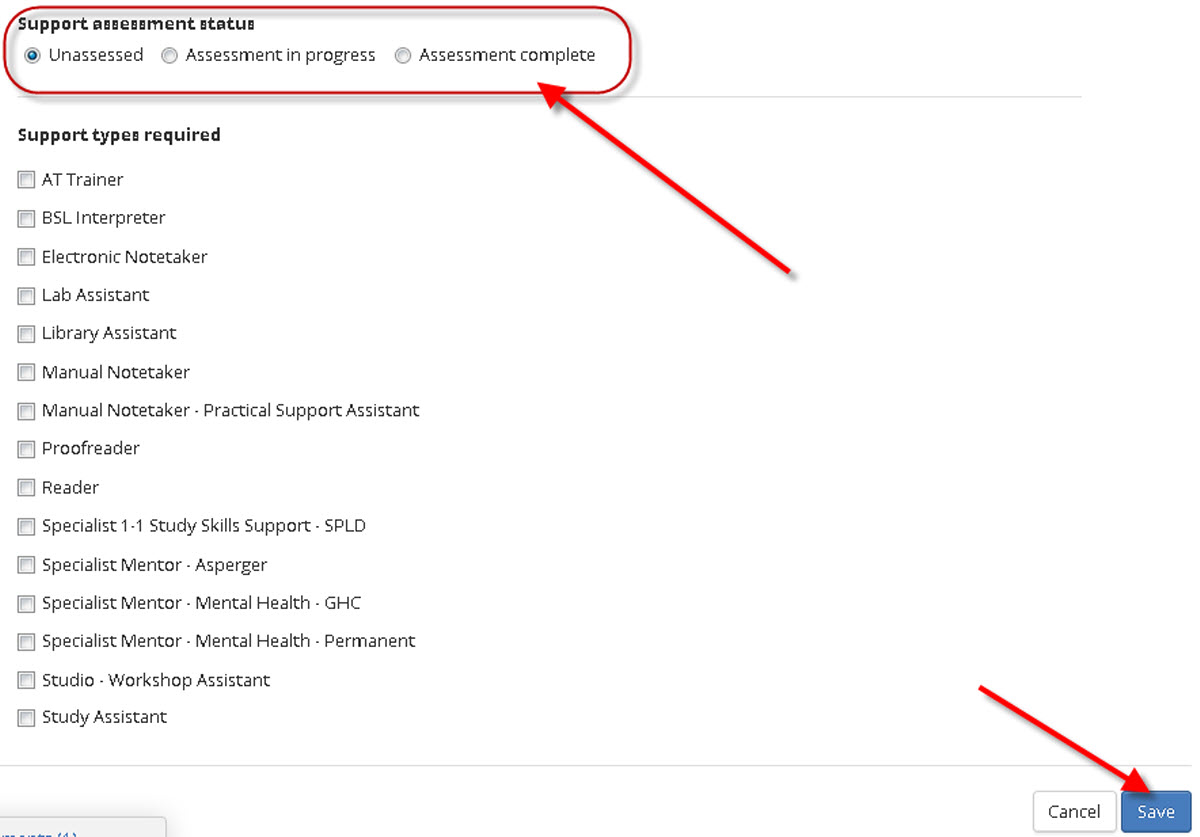 Image of disability advisor edit support assessment status