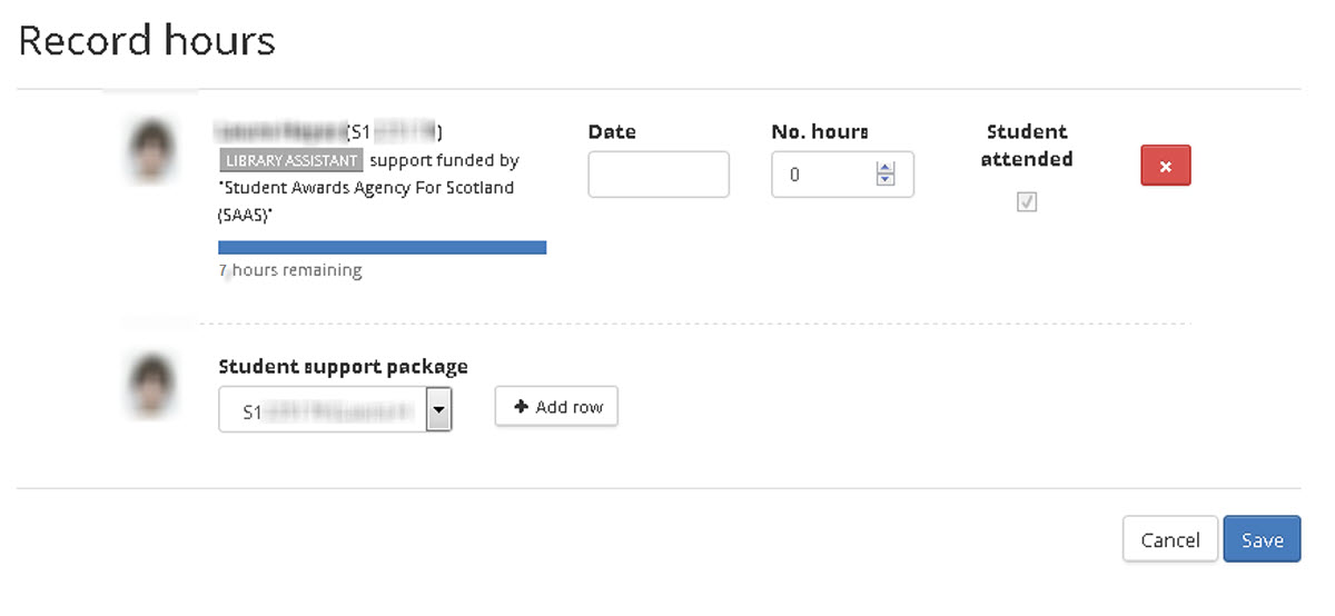 Image of support assistant record hours screen with a student's hours to be recorded