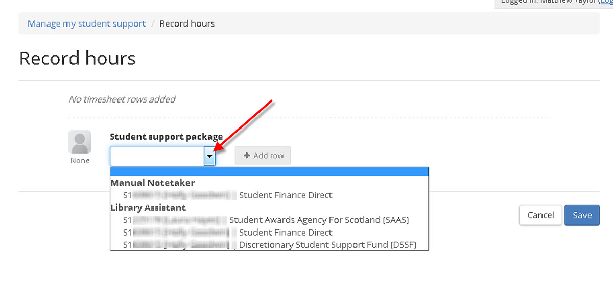 Image of support assistant record hours screen with student selected