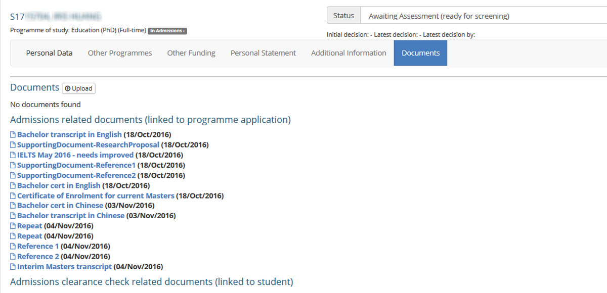 Image of the scholarships application documents tab